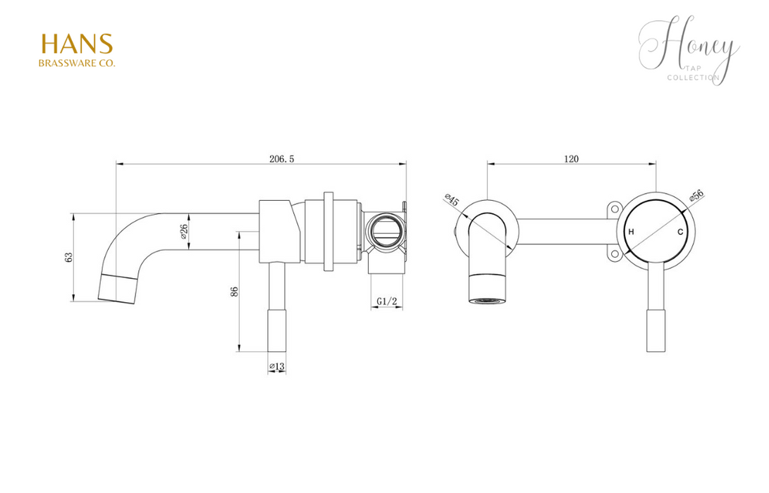 Hans Brassware Co. - Honey - Wall Mounted Basin Mixer Bathroom Tap - Brushed Brass