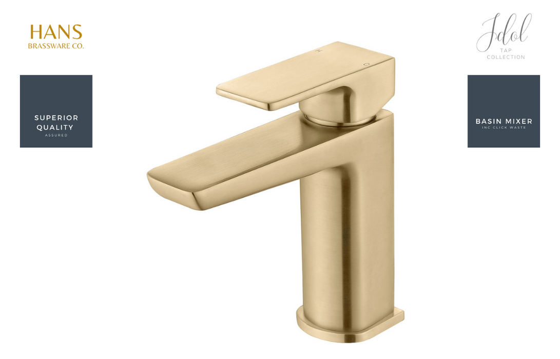 Hans Brassware Co. - Idol - Basin Mixer Bathroom Tap & Click Clack Waste - Brushed Brass