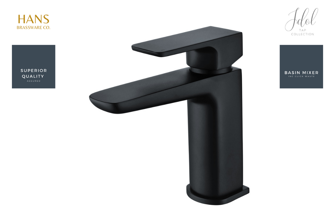 Hans Brassware Co. - Idol - Basin Mixer Bathroom Tap & Click Clack Waste - Matt Black