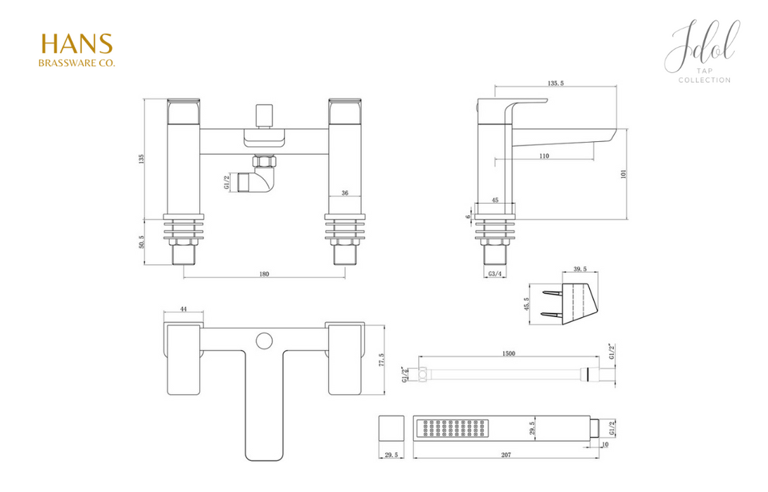 Hans Brassware Co. - Idol - Bath Shower Mixer Bathroom Tap - Matt Black