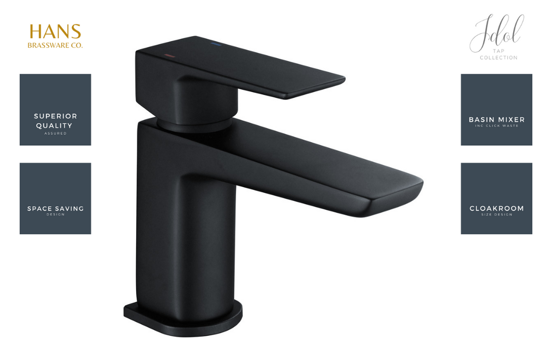 Hans Brassware Co. - Idol - Cloakroom Basin Mixer Bathroom Tap & Click Clack Waste - Matt Black