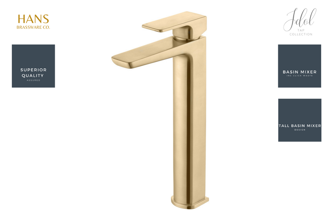 Hans Brassware Co. - Idol - Mono Tall Basin Bathroom Tap - Brushed Brass