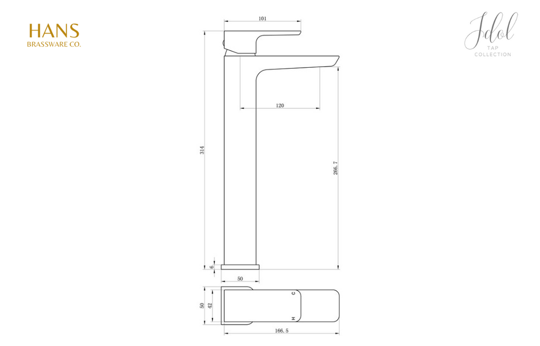 Hans Brassware Co. - Idol - Mono Tall Basin Bathroom Tap - Brushed Brass