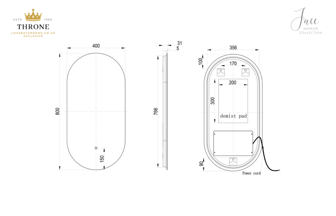 Throne - Jace - 400mm - Oblong Back-Lit LED Bathroom Mirror