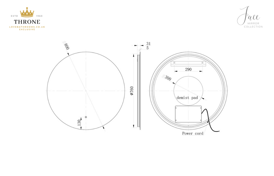 Throne - Jace - 800mm - Round Back-Lit LED Bathroom Mirror