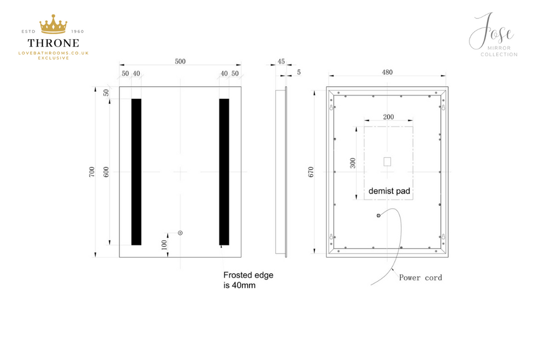 Throne - Jose - 500x700mm Rectangle Front-Lit LED Bathroom Mirror