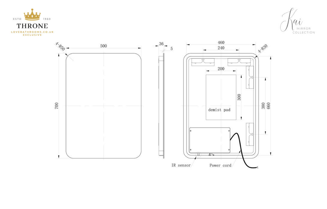 Throne - Kai - 500x700mm - Rectangle Back-Lit LED Bathroom Mirror