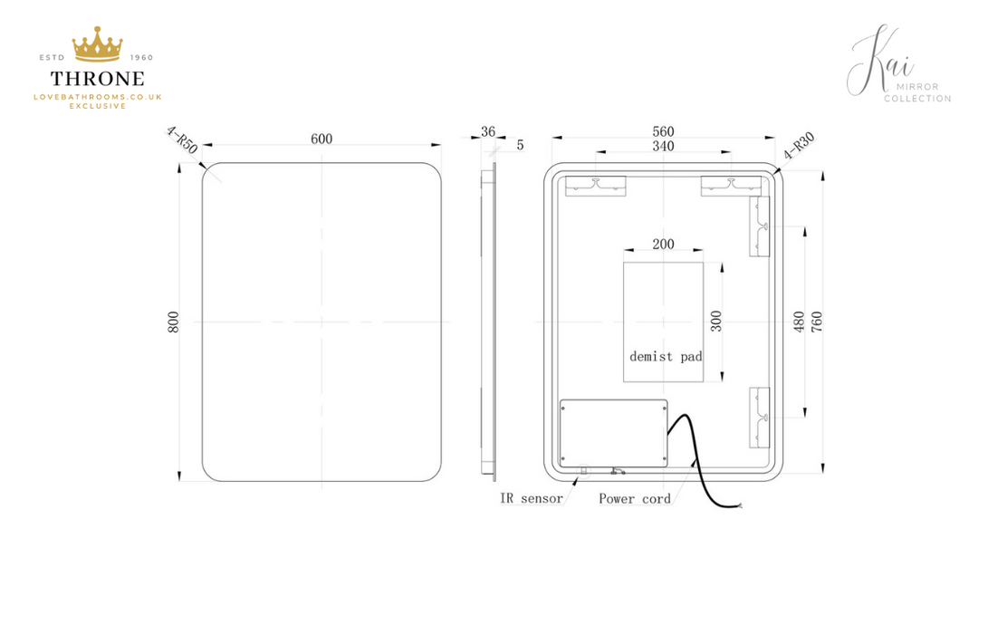 Throne - Kai - 600x800mm Rectangle Back-Lit LED Bathroom Mirror