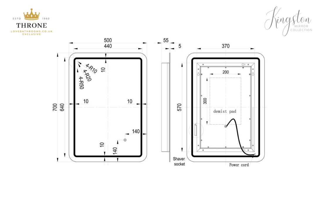 Throne - Kingston - 500x700mm Rectangle Front-Lit LED Bathroom Mirror