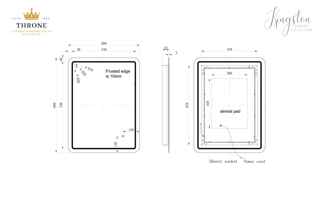 Throne - Kingston - 600x800mm Rectangle Front-Lit LED Bathroom Mirror