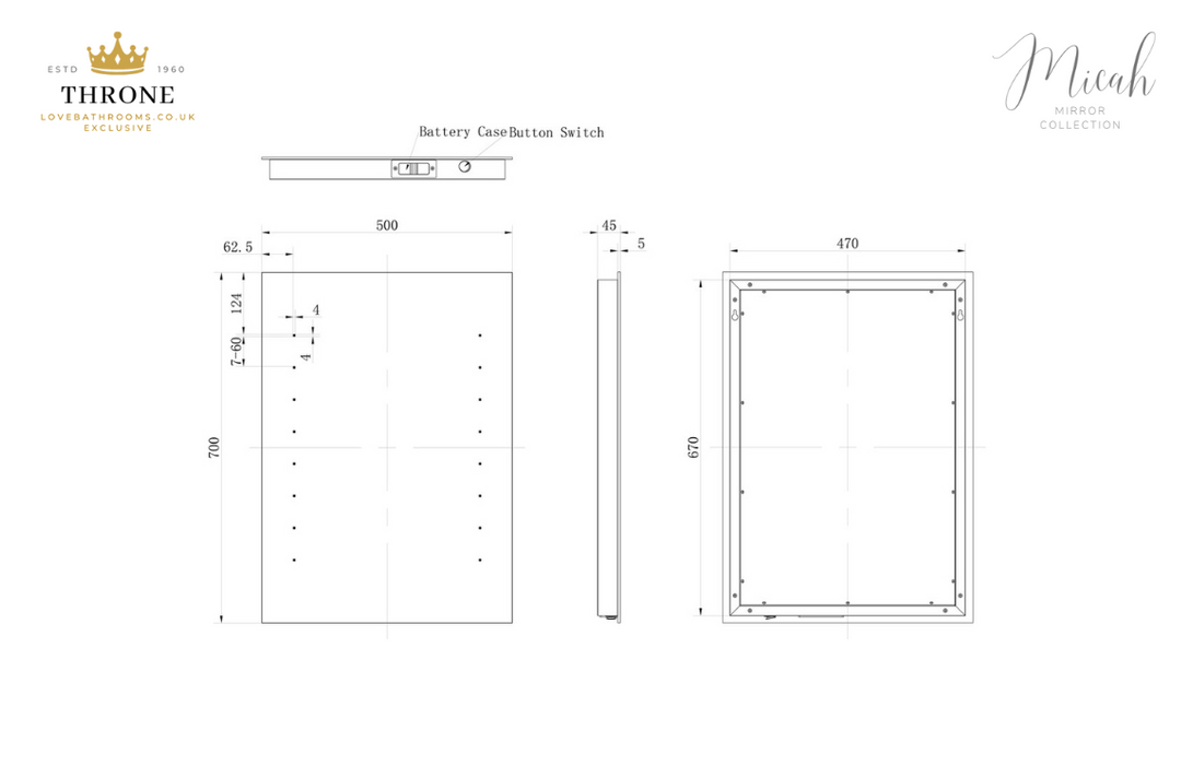 Throne - Micah - 500x700mm - Rectangle Battery Operated LED Bathroom Mirror