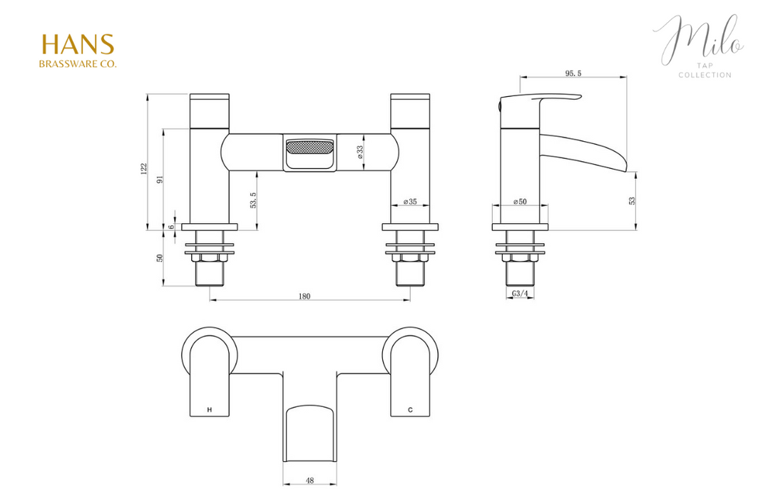 Hans Brassware Co. - Milo - Bath Filler Bathroom Tap - Chrome