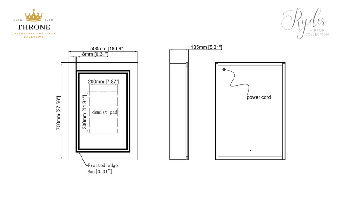 Throne - Ryder - 500mm 1 Door Front-Lit LED Bathroom Mirror Cabinet