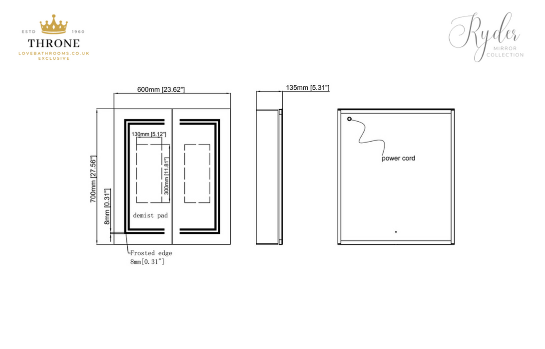 Throne - Ryder - 600mm 2 Door Front-Lit LED Bathroom Mirror Cabinet