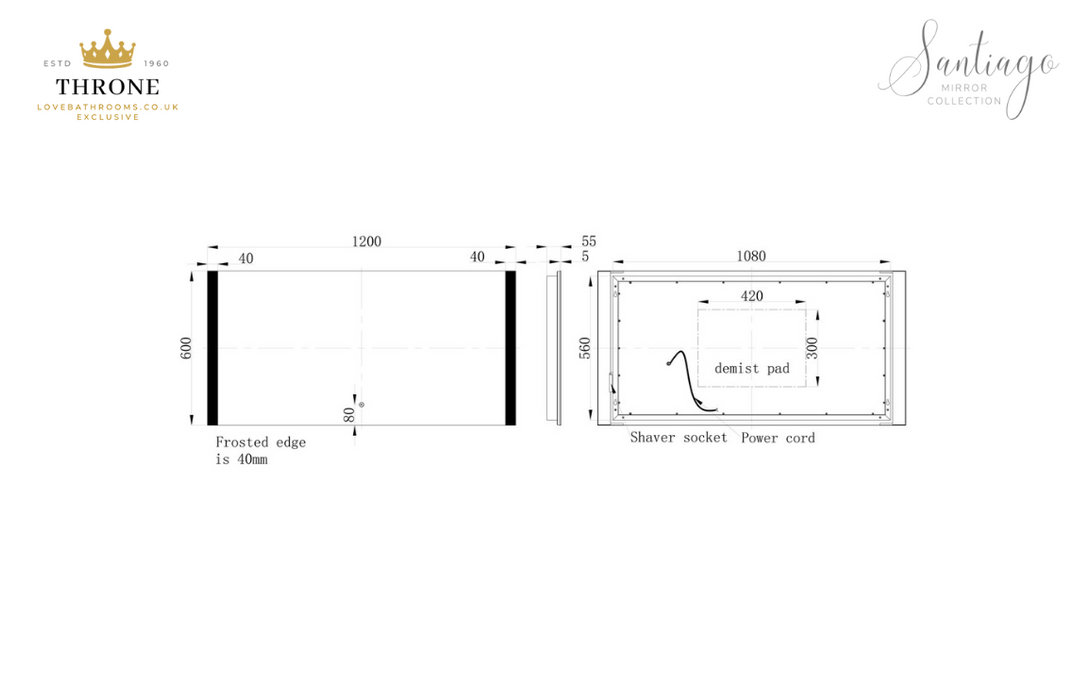 Throne - Santiago - 1200x600mm Rectangle Front-Lit LED Bathroom Mirror