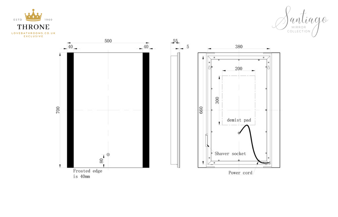 Throne - Santiago - 500x700mm Rectangle Front-Lit LED Bathroom Mirror