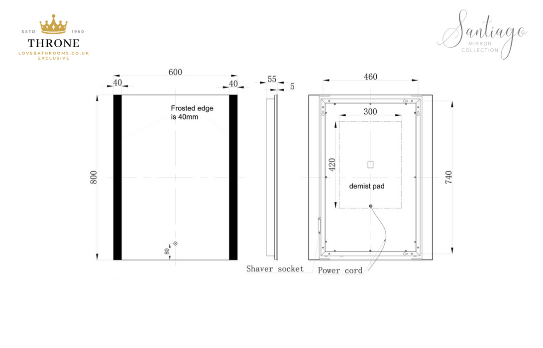 Throne - Santiago - 600x800mm Rectangle Front-Lit LED Bathroom Mirror