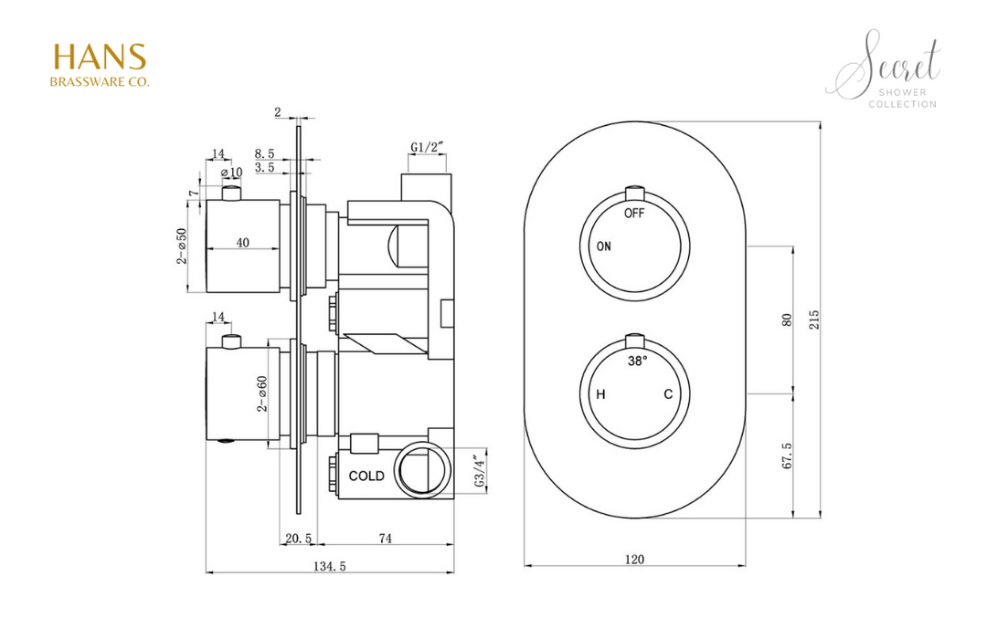 Hans Brassware Co. - Secret Shower Pack One - Twin Control Single Outlet Shower Valve Kit Round - w/Riser Kit