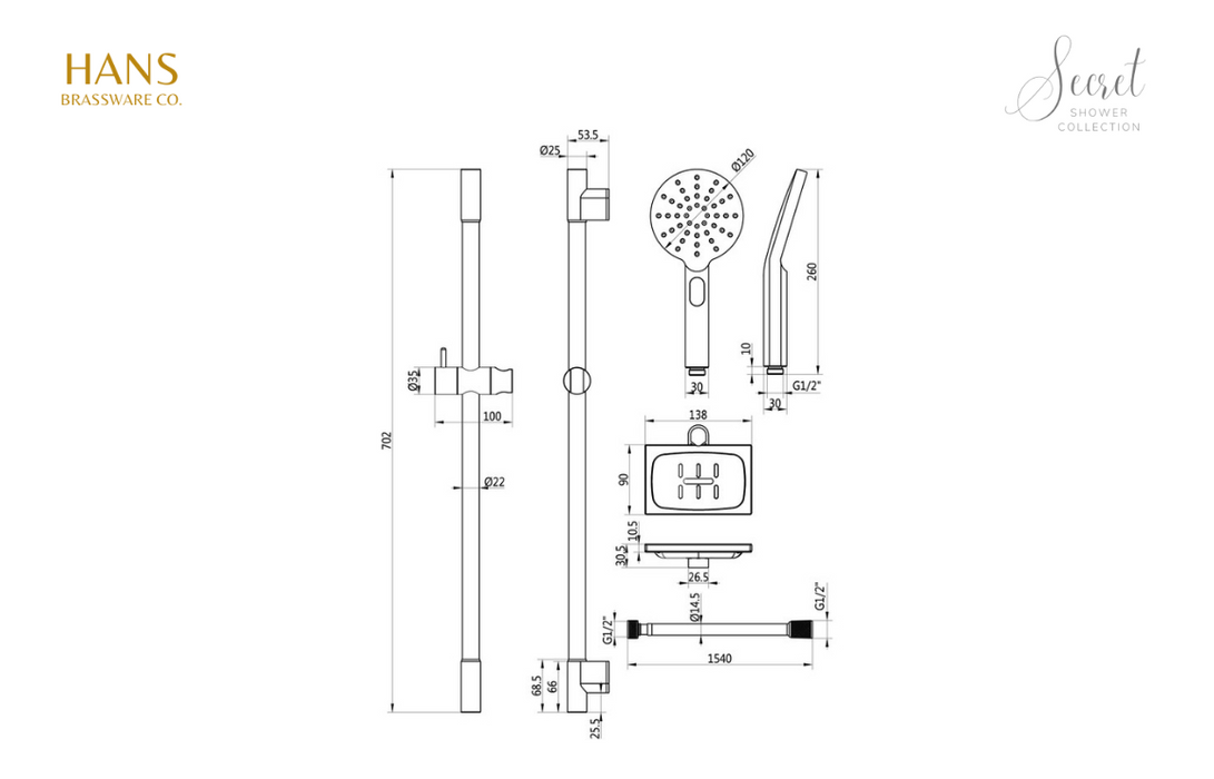 Hans Brassware Co. - Secret Shower Pack One - Twin Control Single Outlet Shower Valve Kit Round - w/Riser Kit