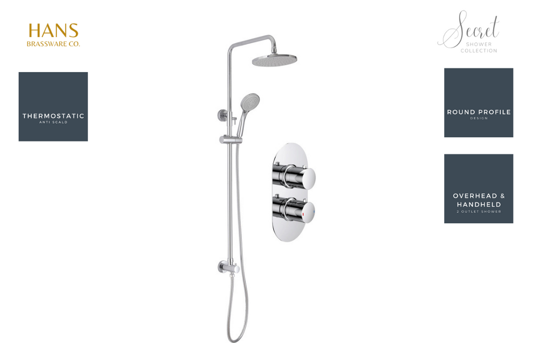 Hans Brassware Co. - Secret Shower Pack Two - Twin Head Two Outlet Shower Valve Kit Round - w/Riser & Overhead Kit