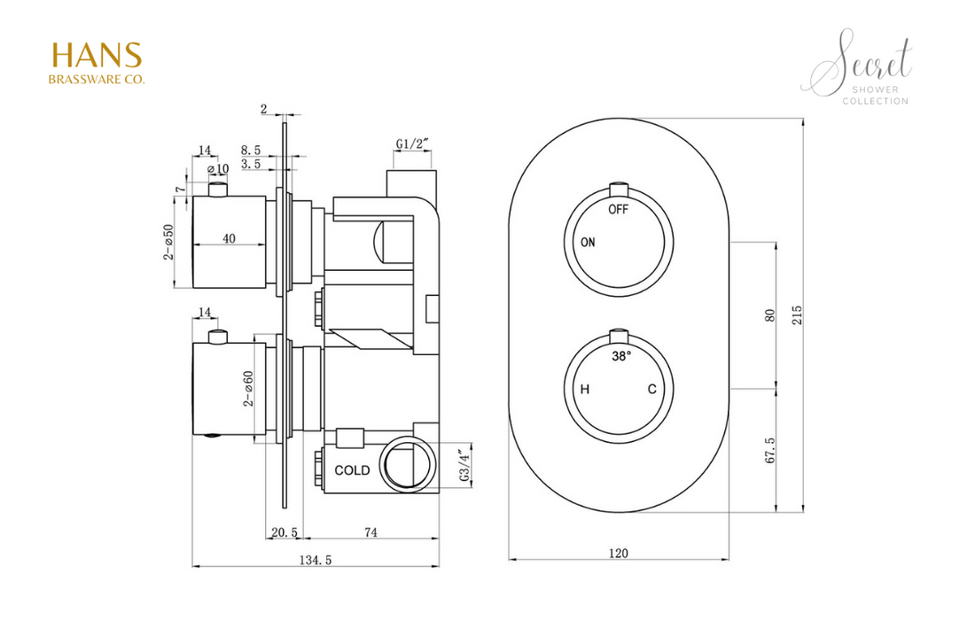 Hans Brassware Co. - Secret Shower Pack Two - Twin Head Two Outlet Shower Valve Kit Round - w/Riser & Overhead Kit