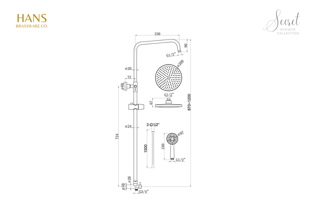 Hans Brassware Co. - Secret Shower Pack Two - Twin Head Two Outlet Shower Valve Kit Round - w/Riser & Overhead Kit