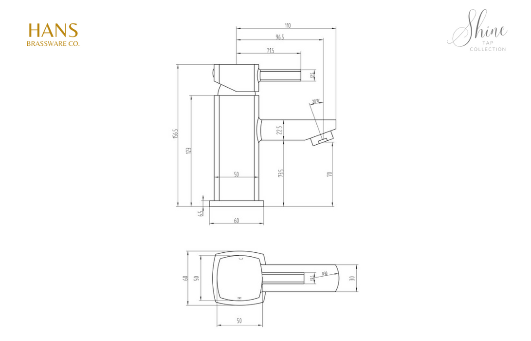 Hans Brassware Co. - Shine - Basin Mixer Bathroom Tap & Click Clack Waste - Chrome