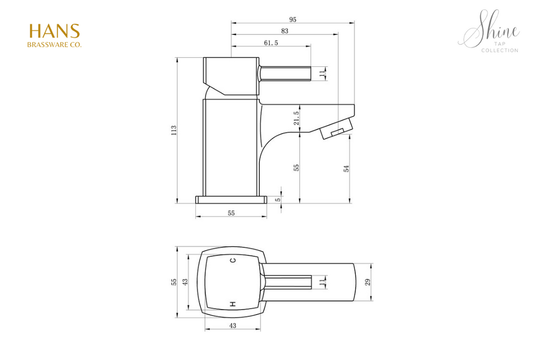 Hans Brassware Co. - Shine - Cloakroom Basin Mixer Bathroom Tap & Click Clack Waste - Chrome