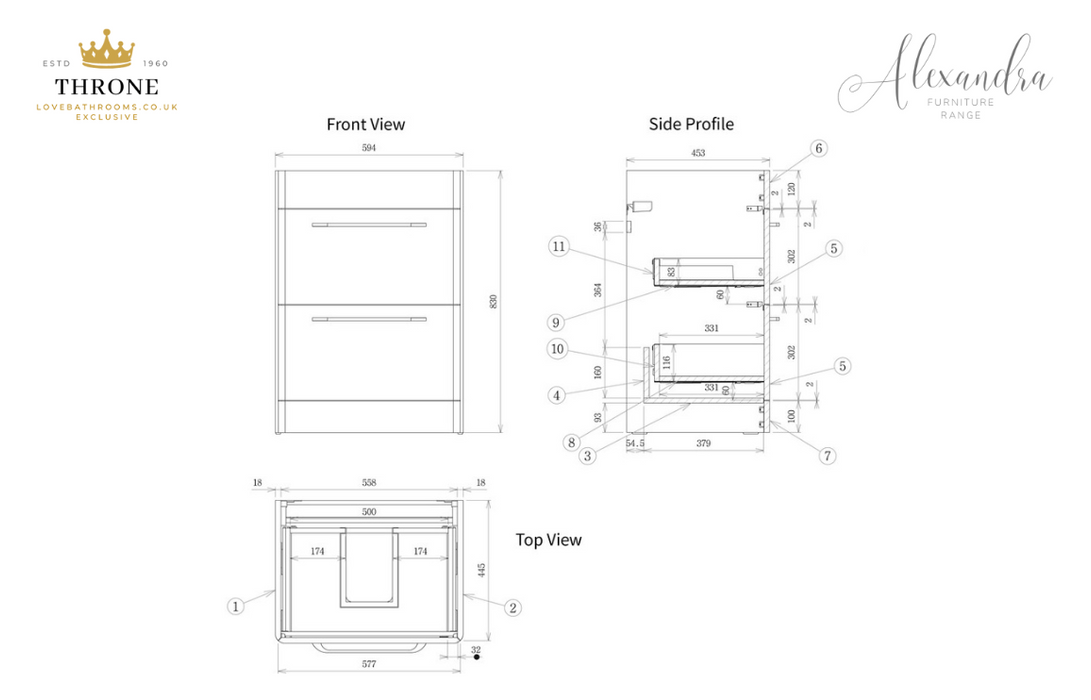 Throne - Alexandra - 610mm 2 Drawer Floor Unit & Basin - Grey Gloss