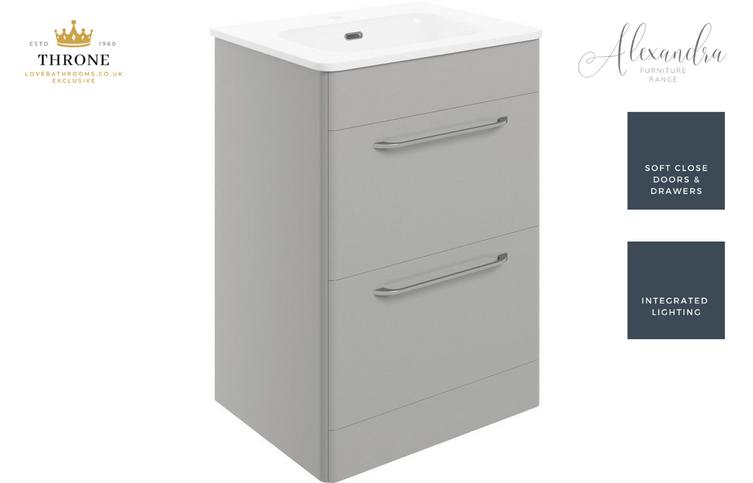 Throne - Alexandra - 610mm 2 Drawer Floor Unit & Basin - Grey Gloss