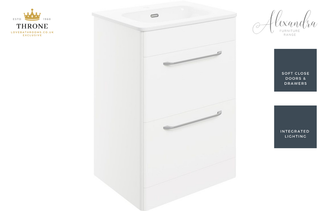 Throne - Alexandra - 610mm 2 Drawer Floor Unit & Basin - White Gloss