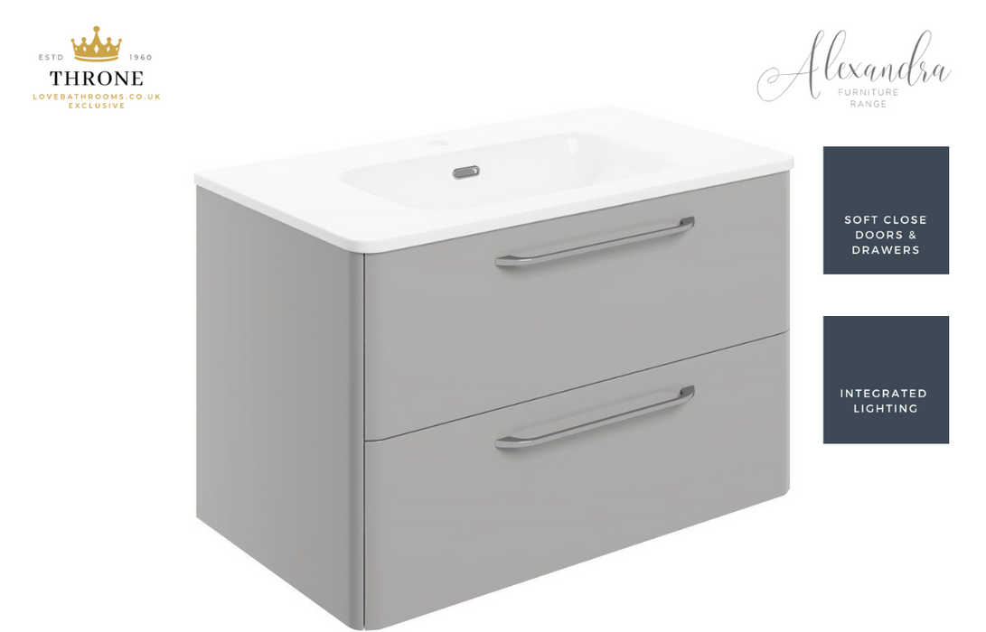 Throne - Alexandra - 810mm 2 Drawer Wall Unit & Basin - Grey Gloss