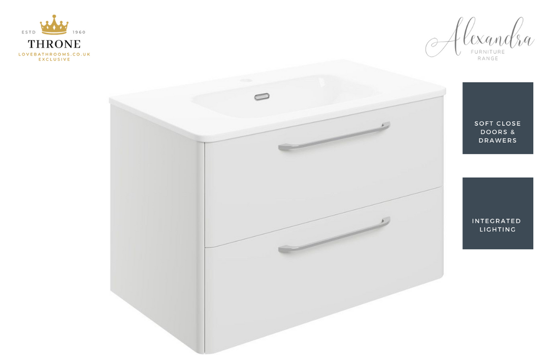 Throne - Alexandra - 810mm 2 Drawer Wall Unit & Basin - White Gloss