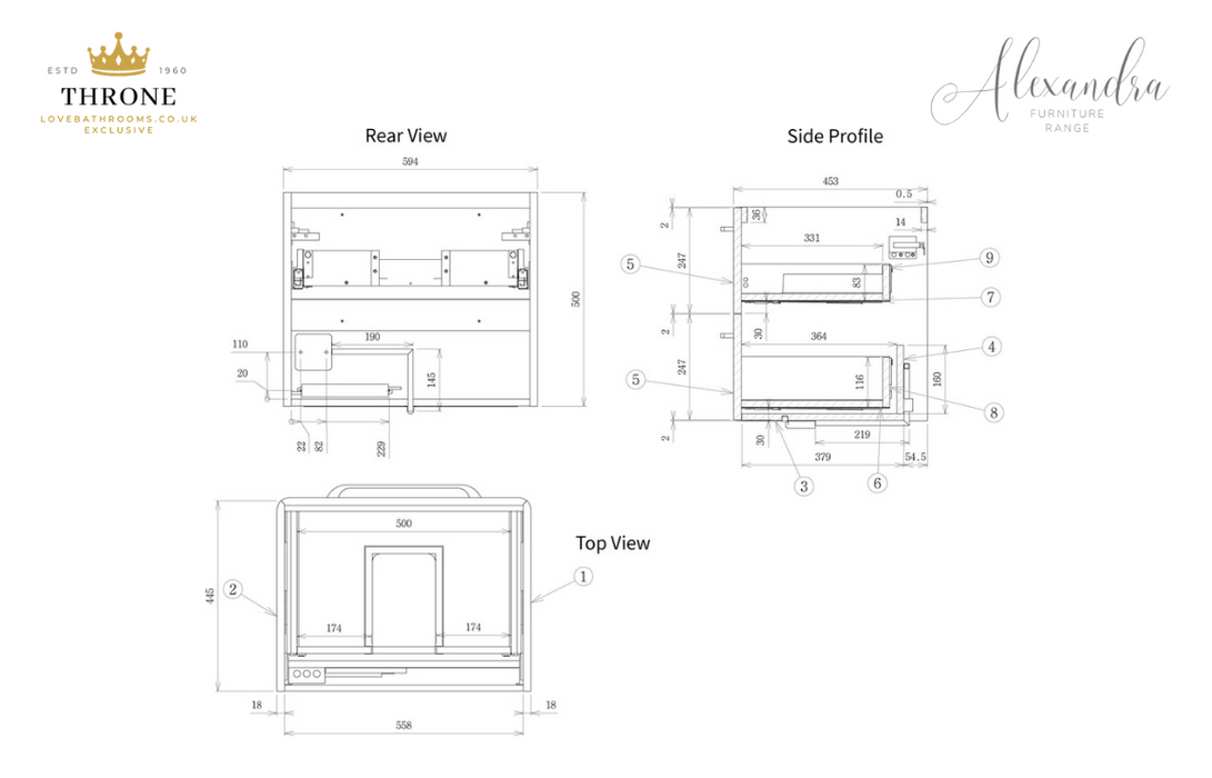 Throne - Alexandra - 610mm 2 Drawer Wall Unit & Basin - White Gloss