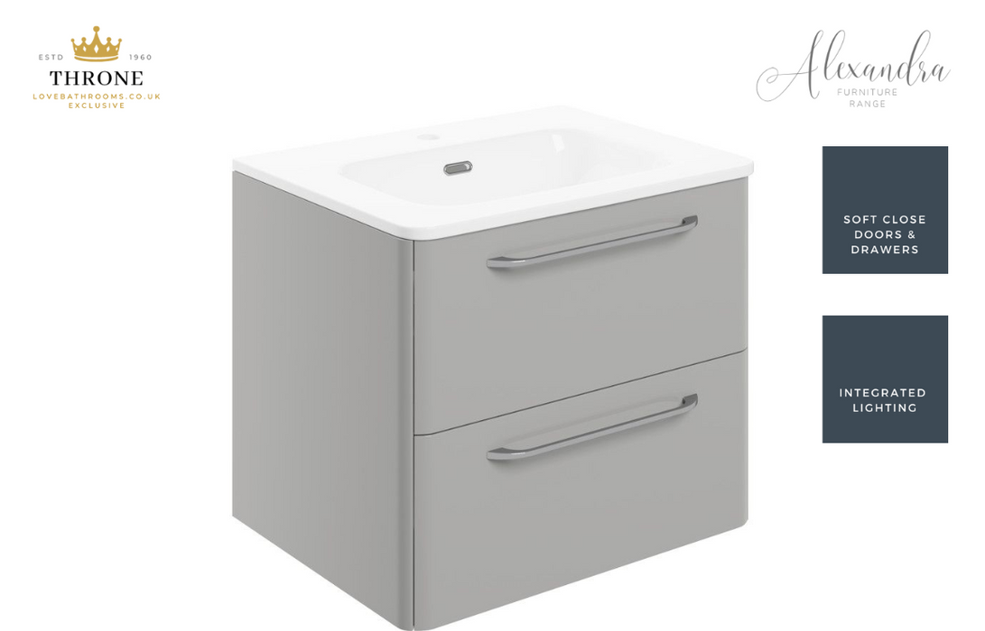 Throne - Alexandra - 610mm 2 Drawer Wall Unit & Basin - Grey Gloss