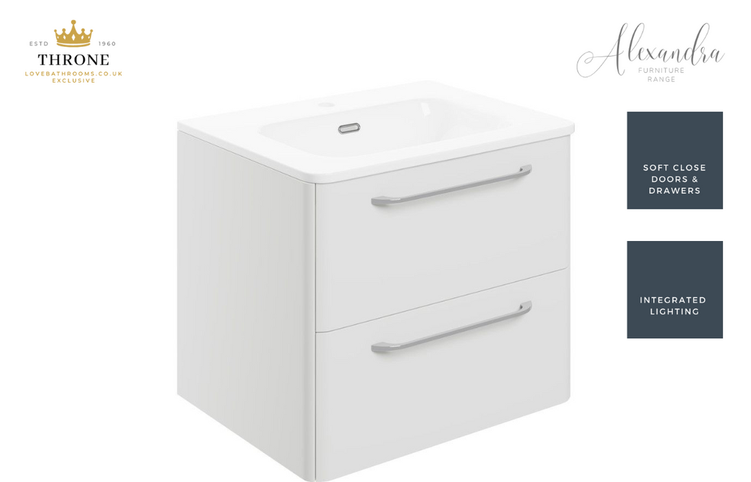 Throne - Alexandra - 610mm 2 Drawer Wall Unit & Basin - White Gloss