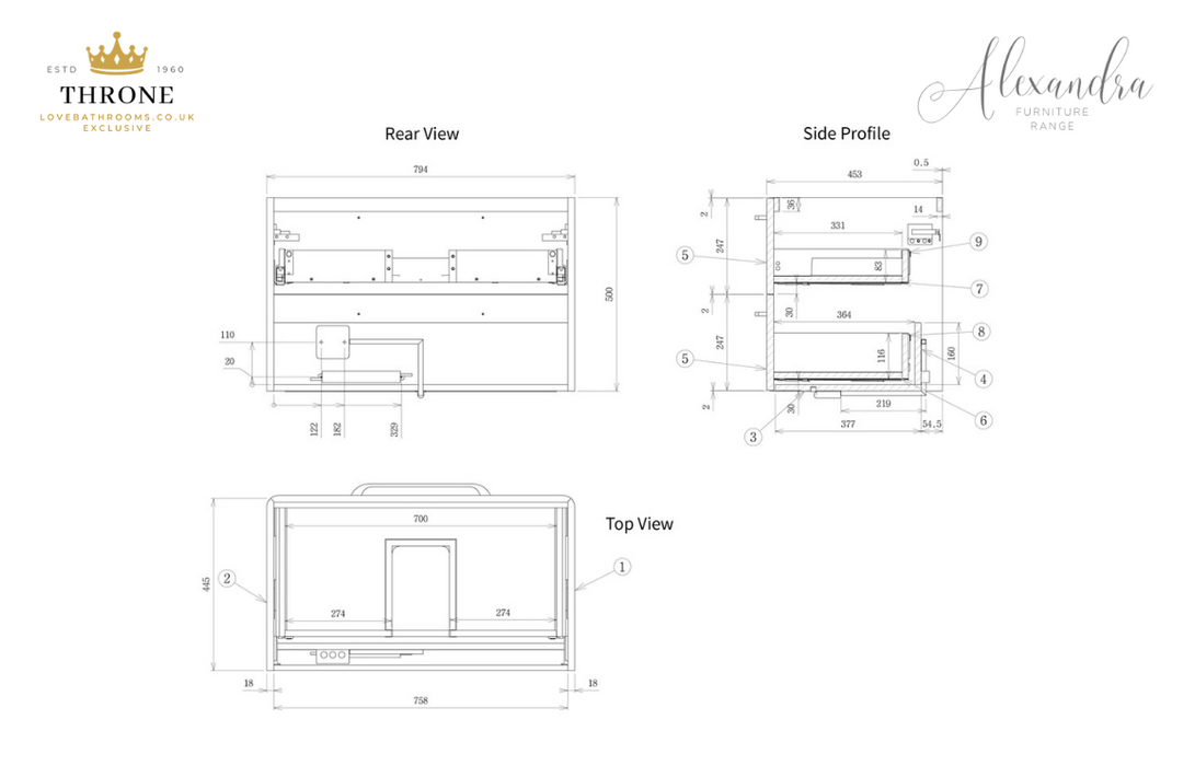 Throne - Alexandra - 810mm 2 Drawer Wall Unit & Basin - Grey Gloss