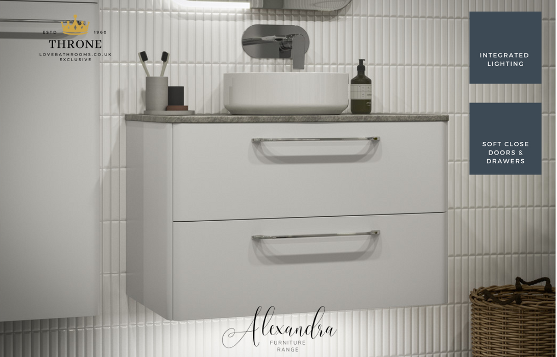 Throne - Alexandra - 610mm 2 Drawer Wall Unit & Basin - White Gloss