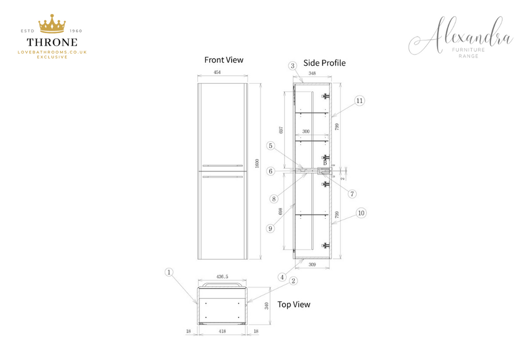 Throne - Alexandra - 454mm Wall Hung 2 Door Tall Unit - White Gloss