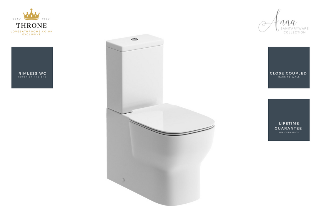 Throne - Anna - Close Coupled Back To Wall WC Toilet & Soft Close Seat