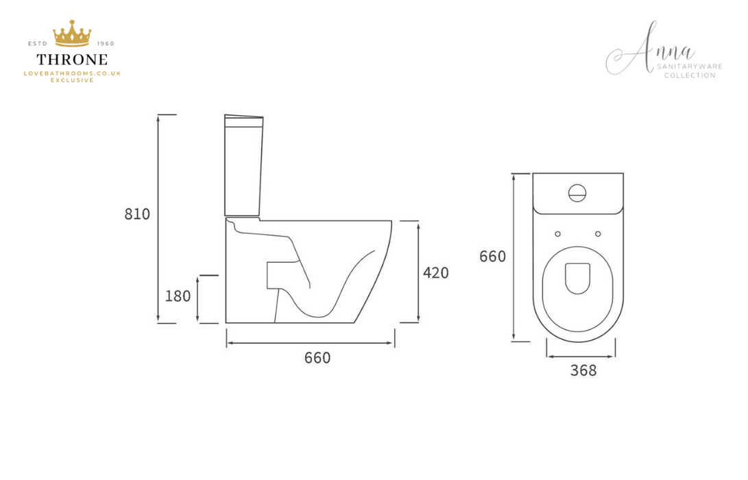 Throne - Anna - Close Coupled Back To Wall WC Toilet & Soft Close Seat