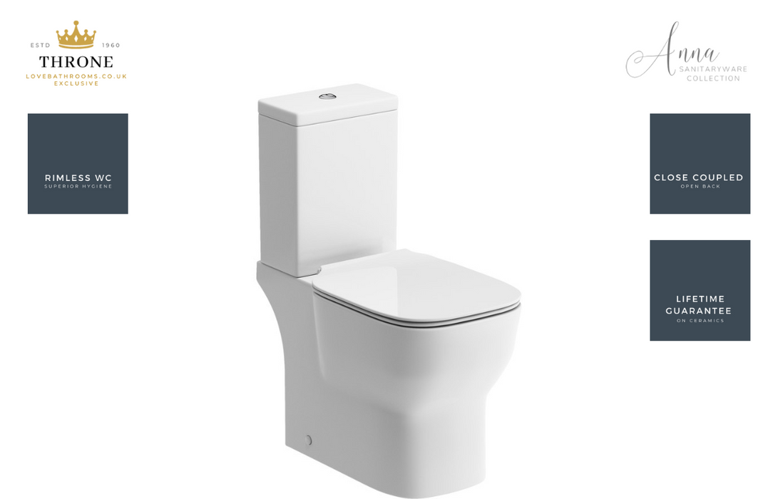 Throne - Anna - Close Coupled Open Back WC Toilet & Soft Close Seat