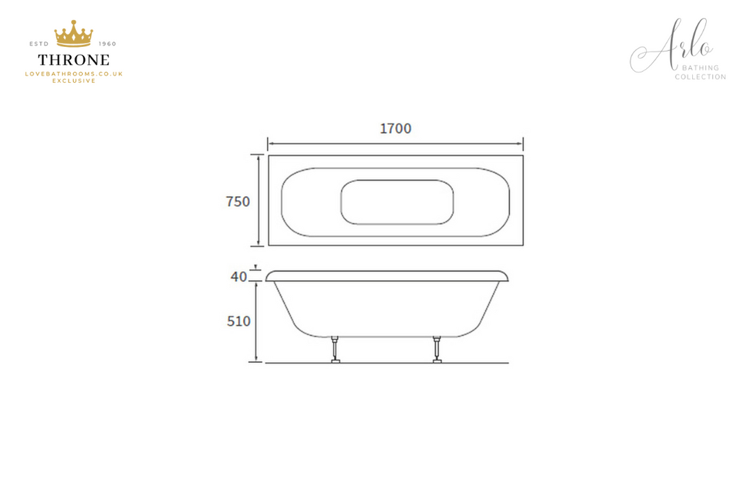 Throne - Arlo - Deluxe Square Double Ended Bath - 1700x750x550mm