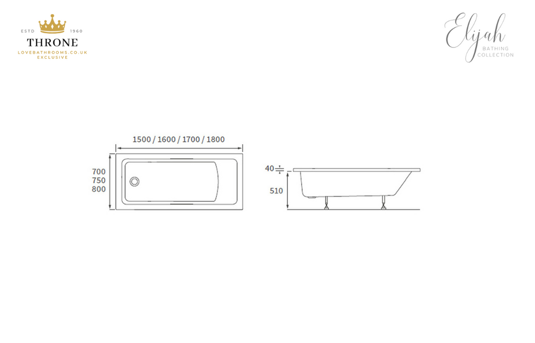 Throne - Elijah - Square Single Ended Supercast® Bath - 1700x700x550mm