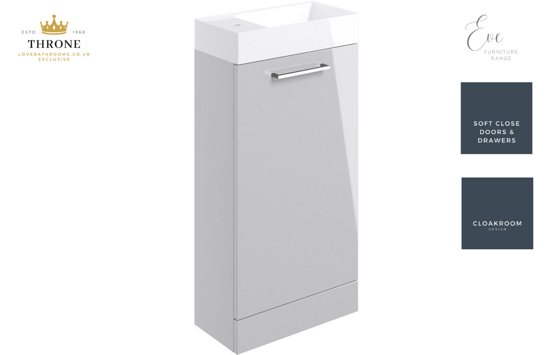 Throne - Eve - 410mm Floor Standing 1 Door Cloakroom Basin Unit - Grey Gloss