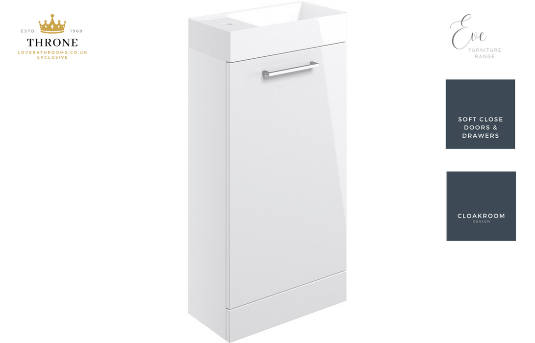 Throne - Eve - 410mm Floor Standing 1 Door Cloakroom Basin Unit - White Gloss