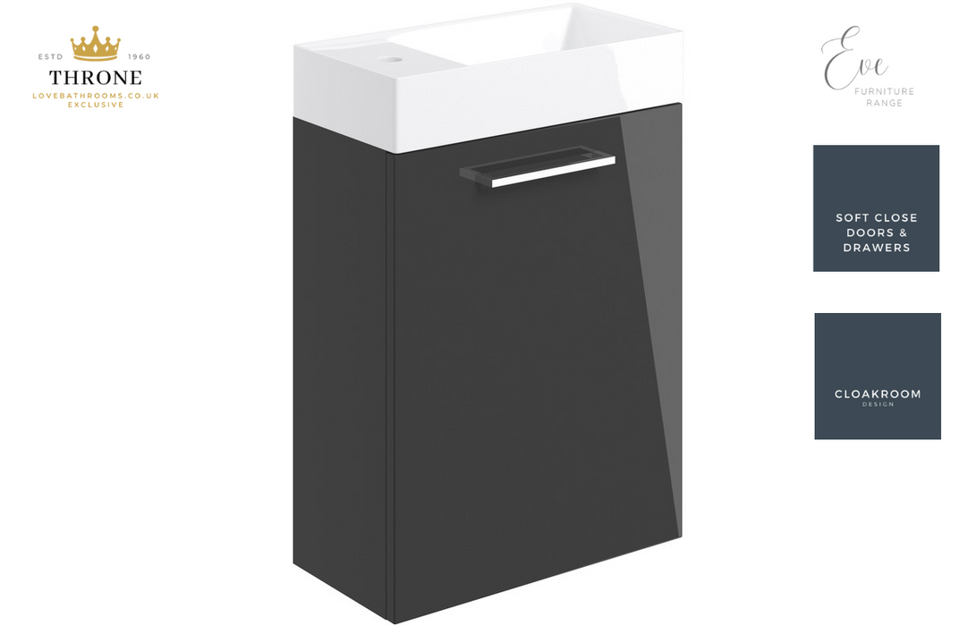 Throne - Eve - 410mm Wall Hung 1 Door Cloakroom Basin Unit - Anthracite Gloss