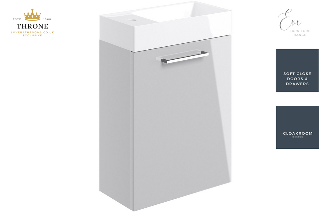 Throne - Eve - 410mm Wall Hung 1 Door Cloakroom Basin Unit - Grey Gloss