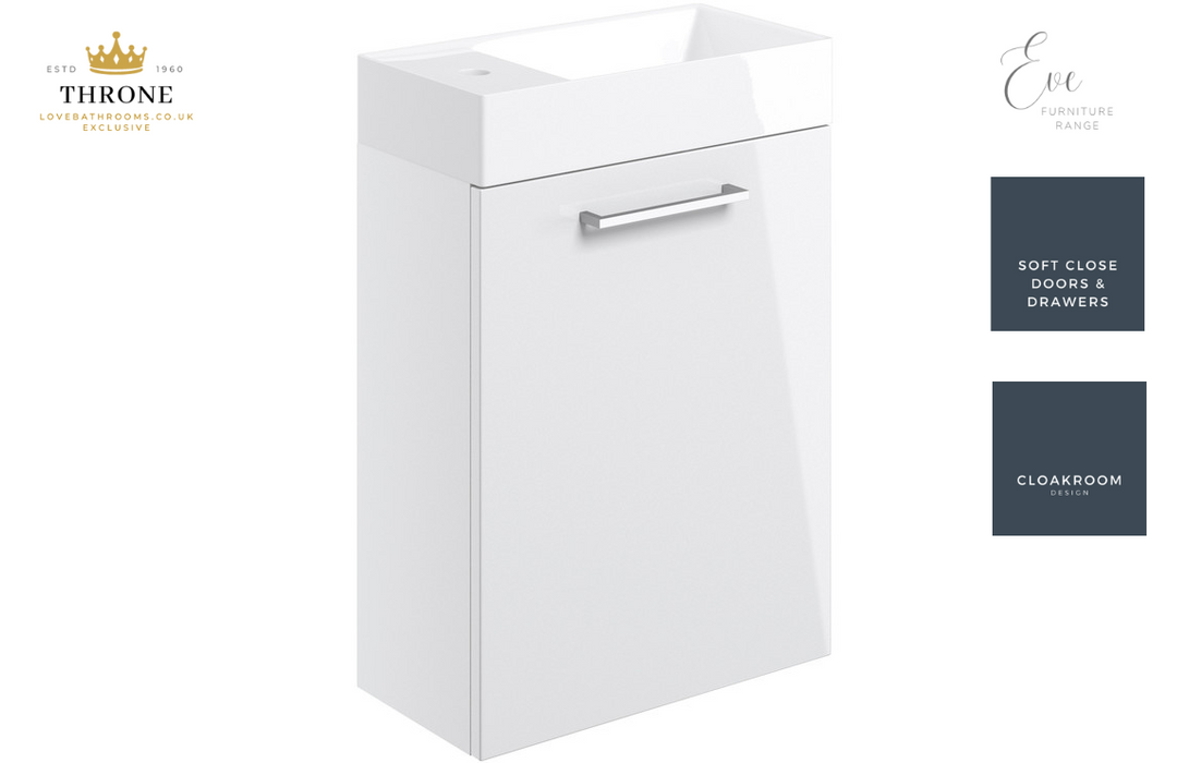 Throne - Eve - 410mm Wall Hung 1 Door Cloakroom Basin Unit - White Gloss