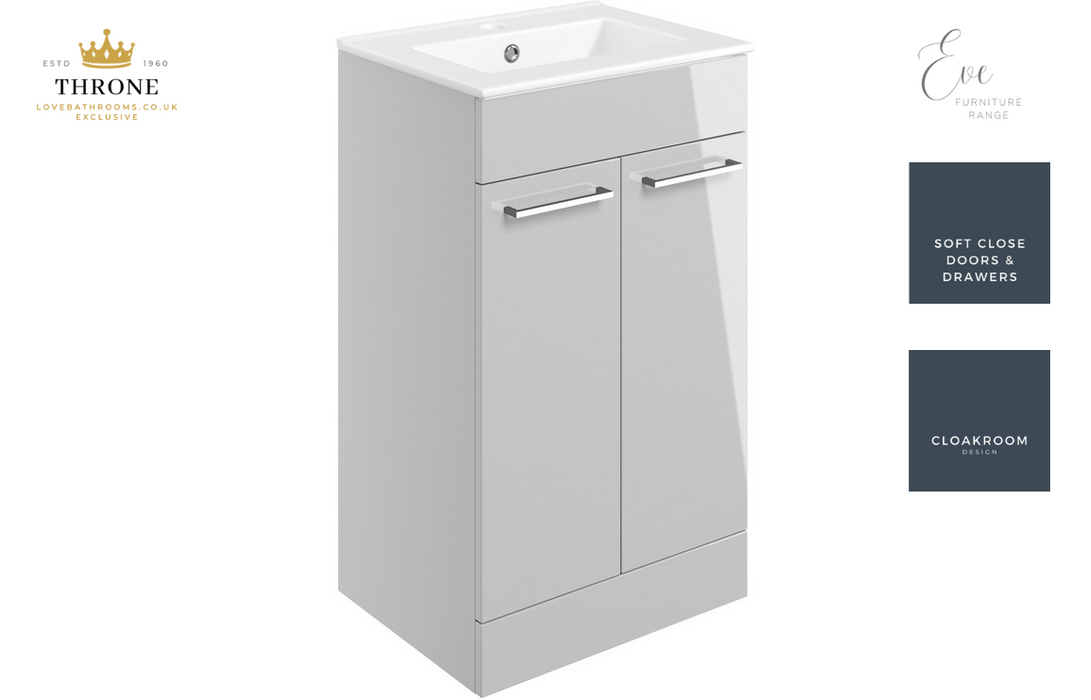 Throne - Eve - 510mm Floor Standing 2 Drawer Bathroom Vanity Unit - Grey Gloss